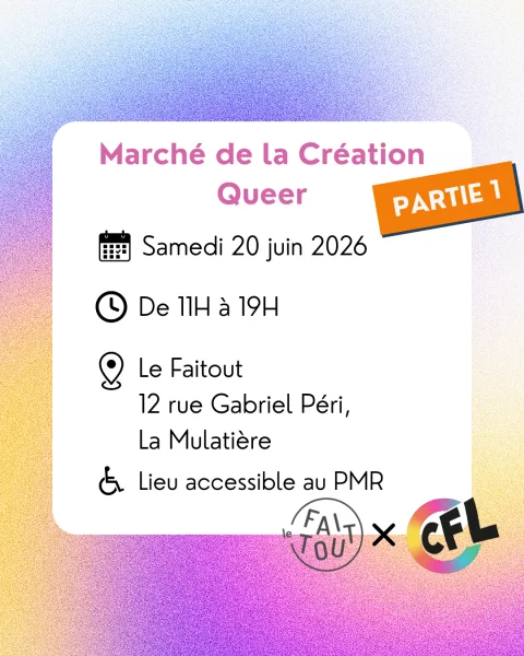 Marché de la Création Queer Samedi 20 juin 2026 De 11H à 19H Le Faitout - 12 rue Gabriel Péri, La Mulatière Lieu accessible au PMR