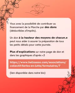 Vous avez la possibilité de contribuer au financement de la Marche par des dons (déductibles d’impôts). Un don à la hauteur des moyens de chacun·e peut nous aider à assurer la préparation de tous les petits détails pour cette journée. Plus d’explications sur notre page de don et dans les graphiques d’après